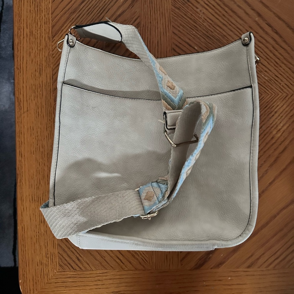 Cream and Blue Crossbody Bag with Adjustable Strap
